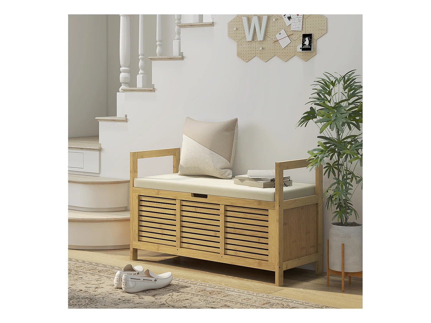 Banco zapatero con almacenaje integrado y estante plegable, fabricado en bambú, color madera natural (100x40x60cm)