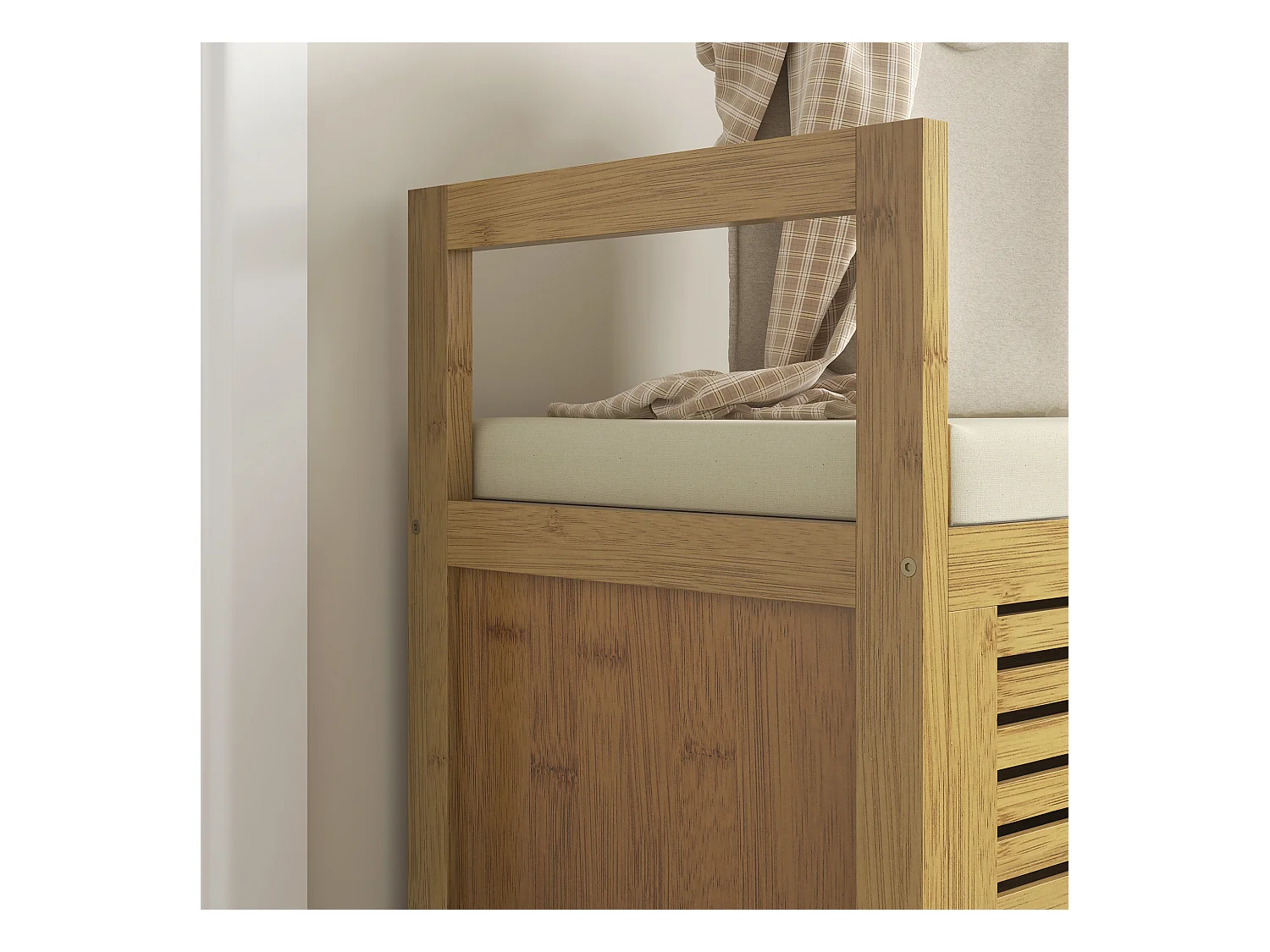 Banco zapatero con almacenaje integrado y estante plegable, fabricado en bambú, color madera natural (100x40x60cm)