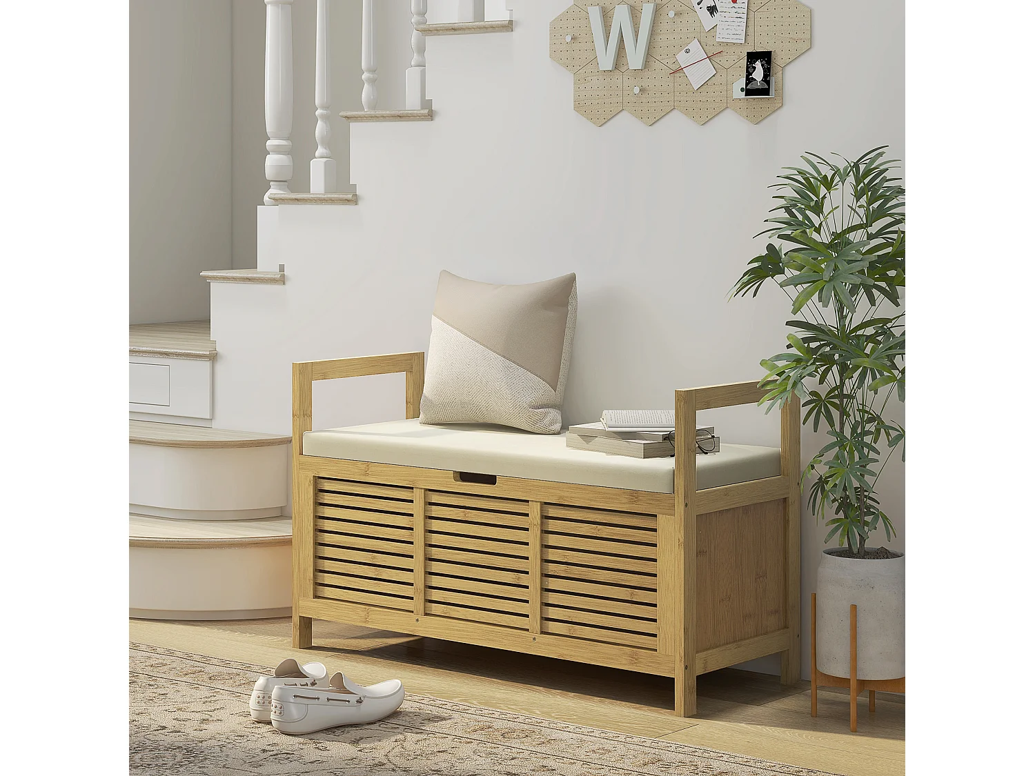 Banc à chaussures avec rangement intégré et tablette rabattable, en bambou, couleur bois naturel (100x40x60cm)