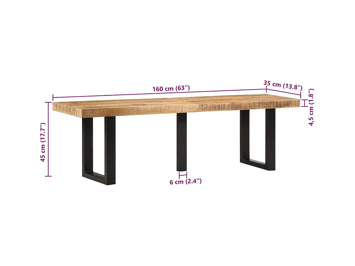 Banc 160 cm bois de manguier brut massif et acier