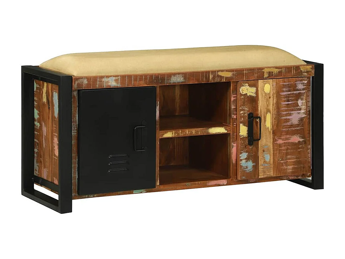 Veelkleurige opbergbank van massief gerecycled hout