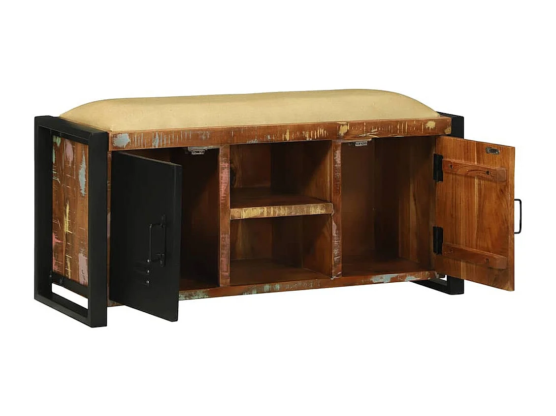 Veelkleurige opbergbank van massief gerecycled hout