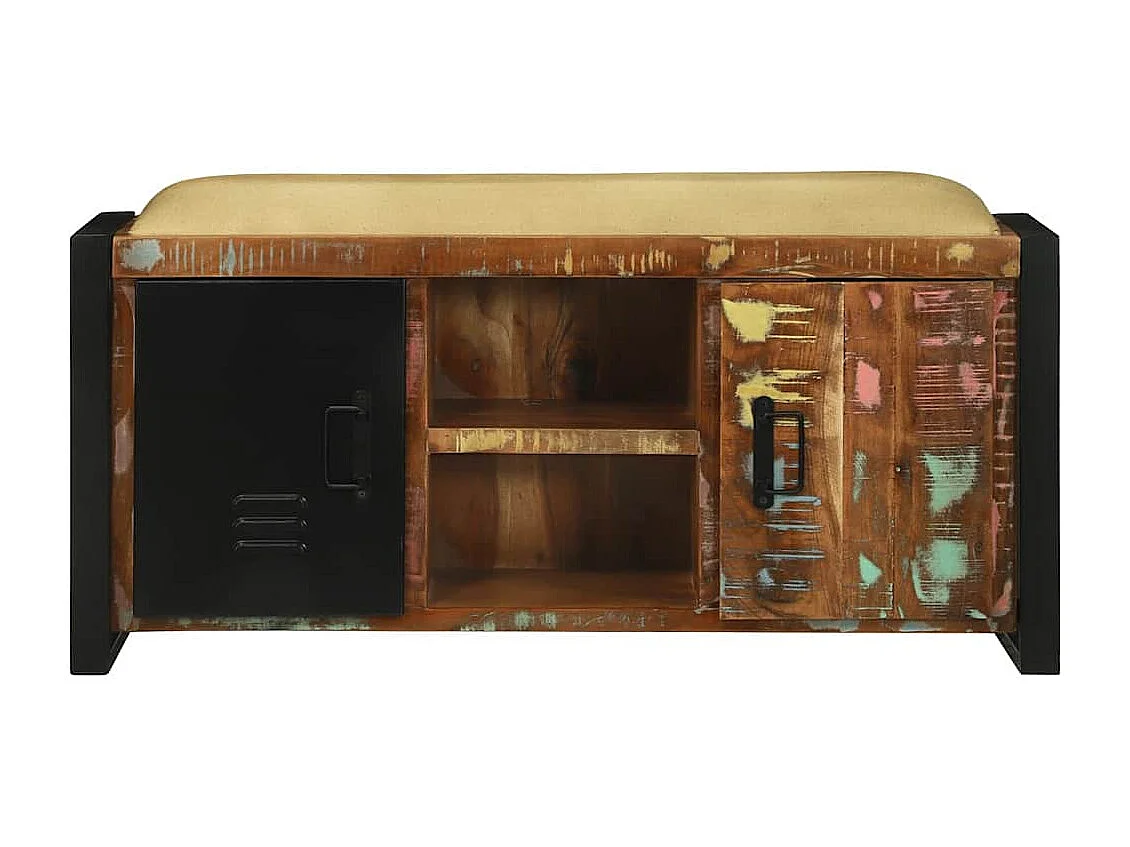 Veelkleurige opbergbank van massief gerecycled hout