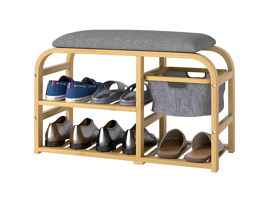 Banc à chaussures à 2 étages avec panier extensible, design en bambou et lin, gris (70x30x45cm)