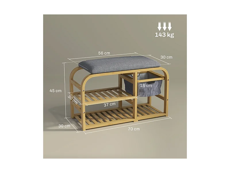 Banc à chaussures à 2 étages avec panier extensible, design en bambou et lin, gris (70x30x45cm)