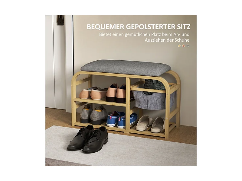 Banc à chaussures à 2 étages avec panier extensible, design en bambou et lin, gris (70x30x45cm)