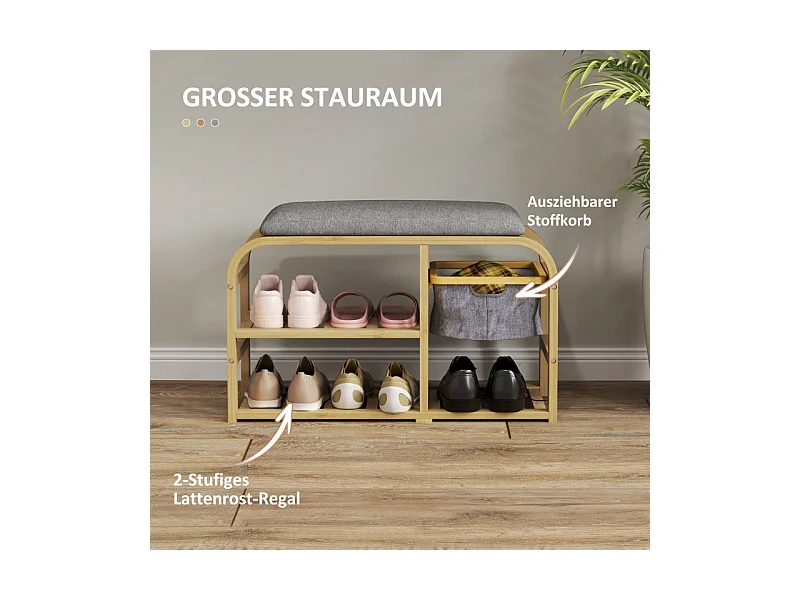 Banc à chaussures à 2 étages avec panier extensible, design en bambou et lin, gris (70x30x45cm)