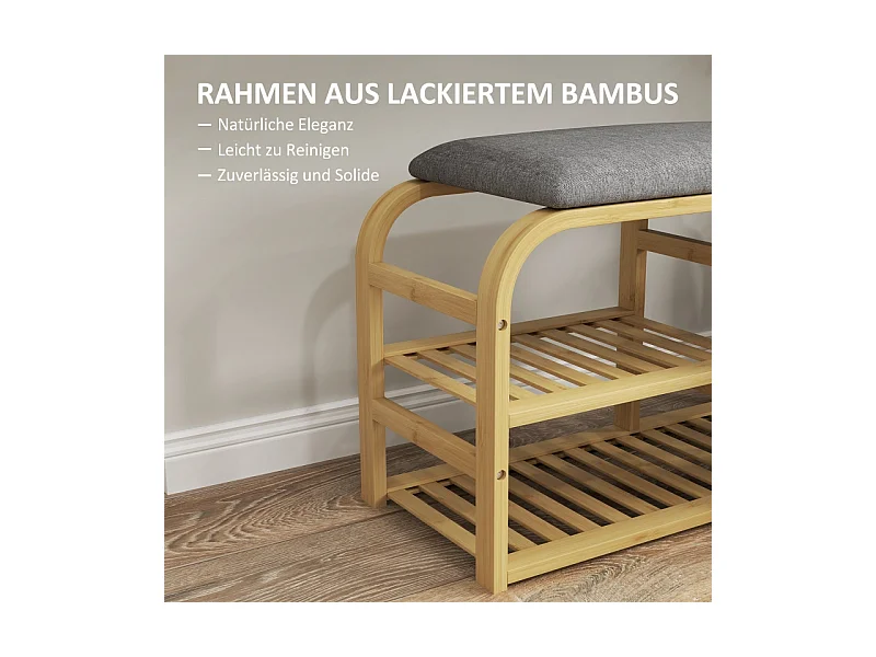Banc à chaussures à 2 étages avec panier extensible, design en bambou et lin, gris (70x30x45cm)