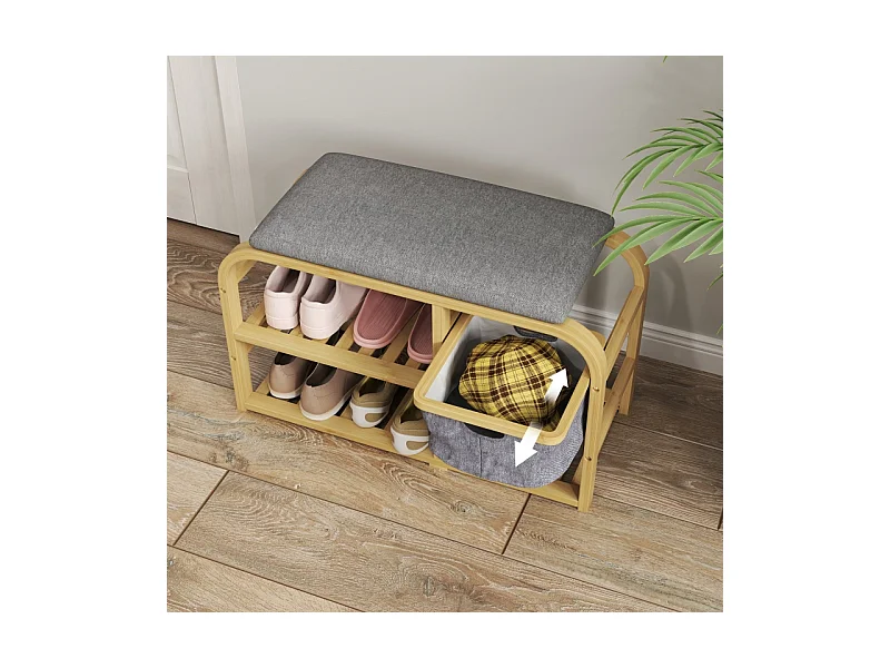 Banc à chaussures à 2 étages avec panier extensible, design en bambou et lin, gris (70x30x45cm)