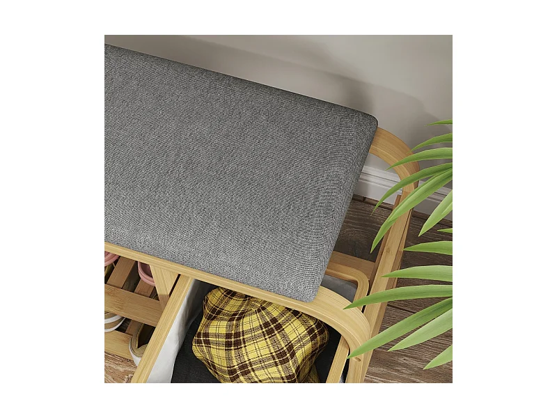 Banc à chaussures à 2 étages avec panier extensible, design en bambou et lin, gris (70x30x45cm)
