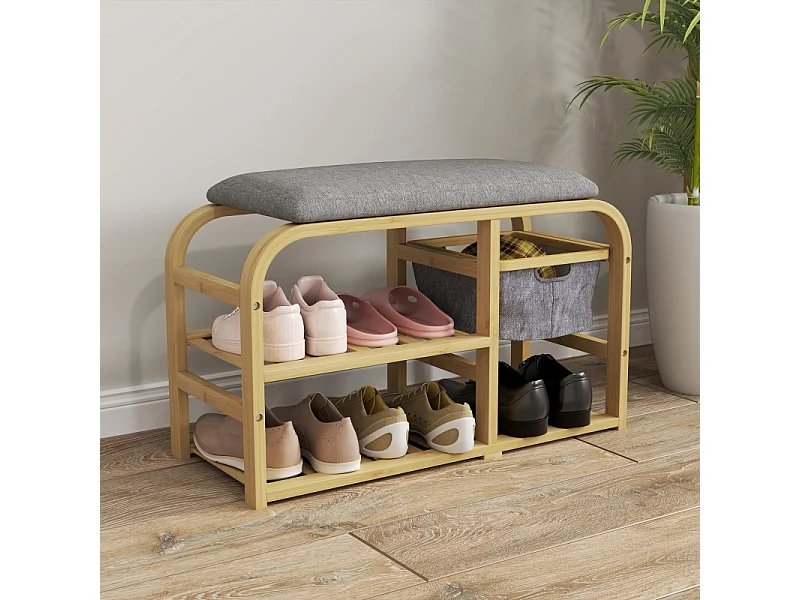 Banc à chaussures à 2 étages avec panier extensible, design en bambou et lin, gris (70x30x45cm)