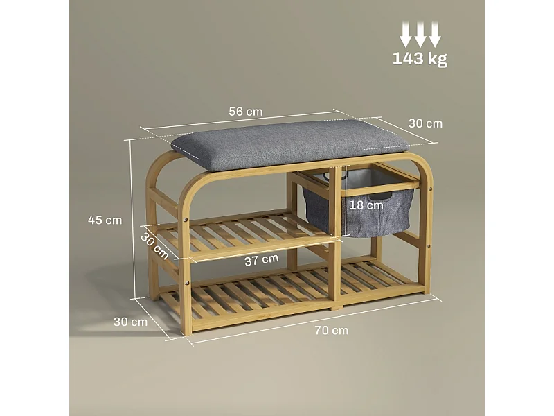 Banc à chaussures à 2 étages avec panier extensible, design en bambou et lin, gris (70x30x45cm)