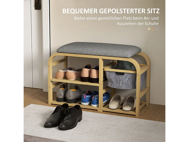 Banc à chaussures à 2 étages avec panier extensible, design en bambou et lin, gris (70x30x45cm)