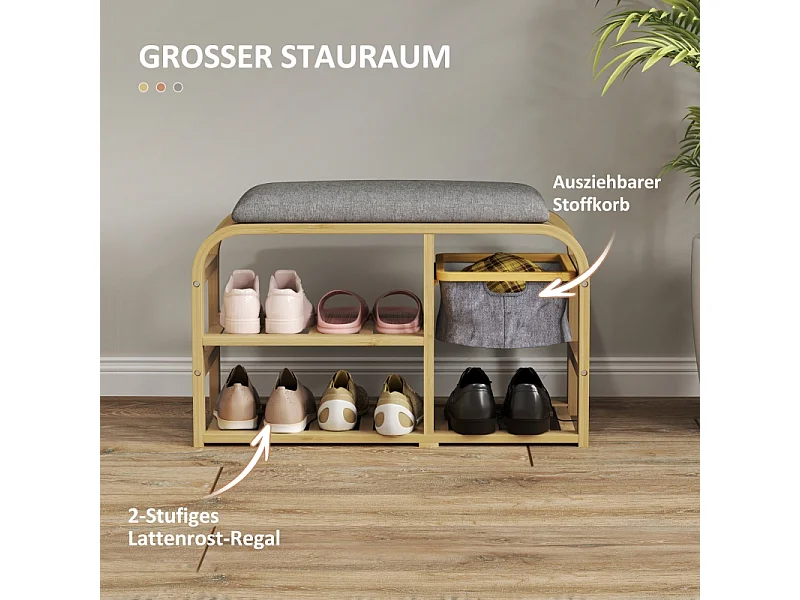 Banc à chaussures à 2 étages avec panier extensible, design en bambou et lin, gris (70x30x45cm)