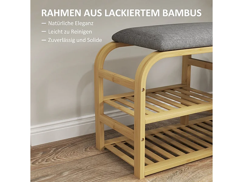 Banc à chaussures à 2 étages avec panier extensible, design en bambou et lin, gris (70x30x45cm)