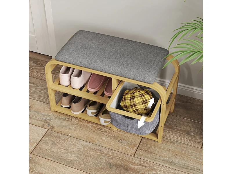 Banc à chaussures à 2 étages avec panier extensible, design en bambou et lin, gris (70x30x45cm)