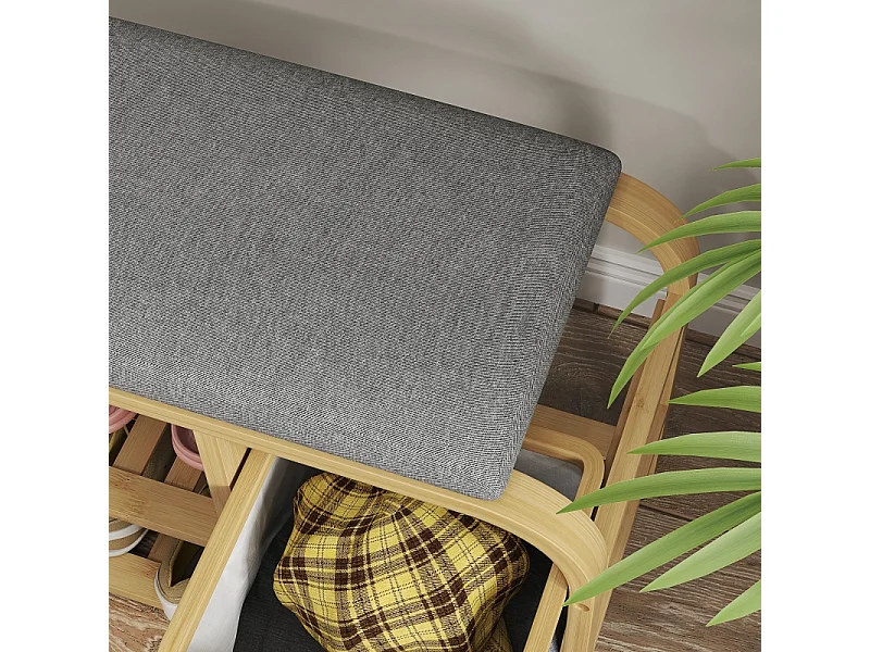 Banc à chaussures à 2 étages avec panier extensible, design en bambou et lin, gris (70x30x45cm)