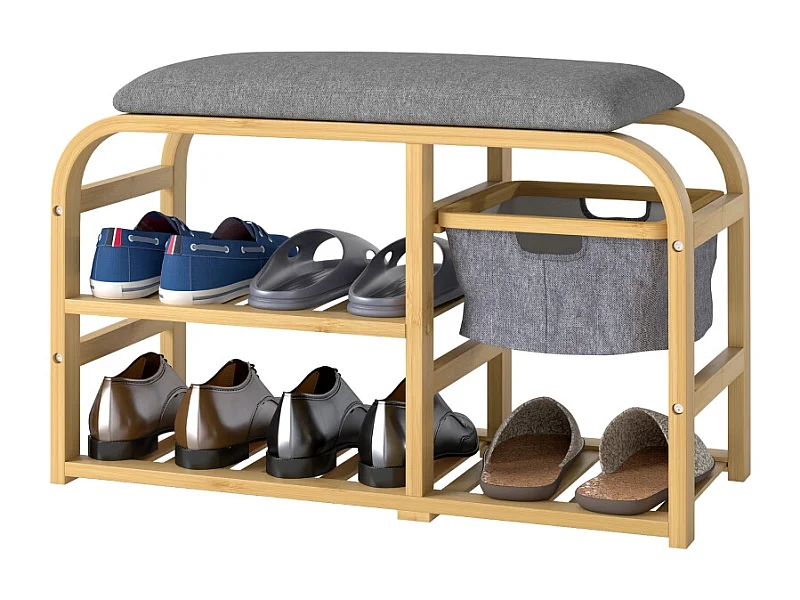 Banco zapatero de dos niveles con cesta extensible, diseño de bambú y lino, gris (70 x 30 x 45 cm)