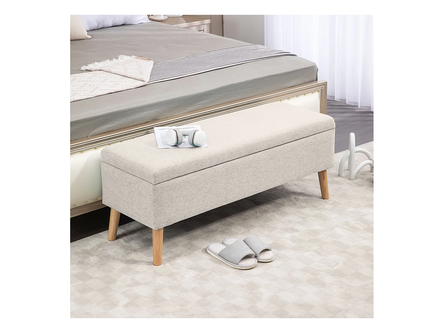 Banc de rangement avec assise rembourrée, design scandinave, polyester, beige (110x39x45cm)