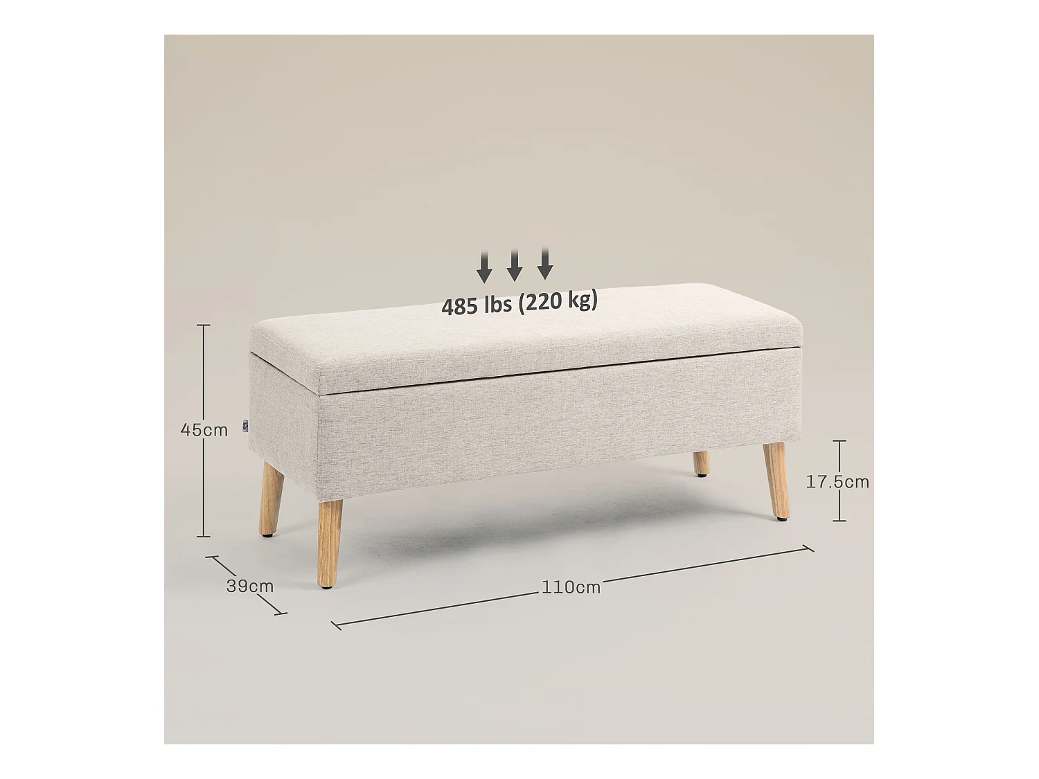 Banc de rangement avec assise rembourrée, design scandinave, polyester, beige (110x39x45cm)