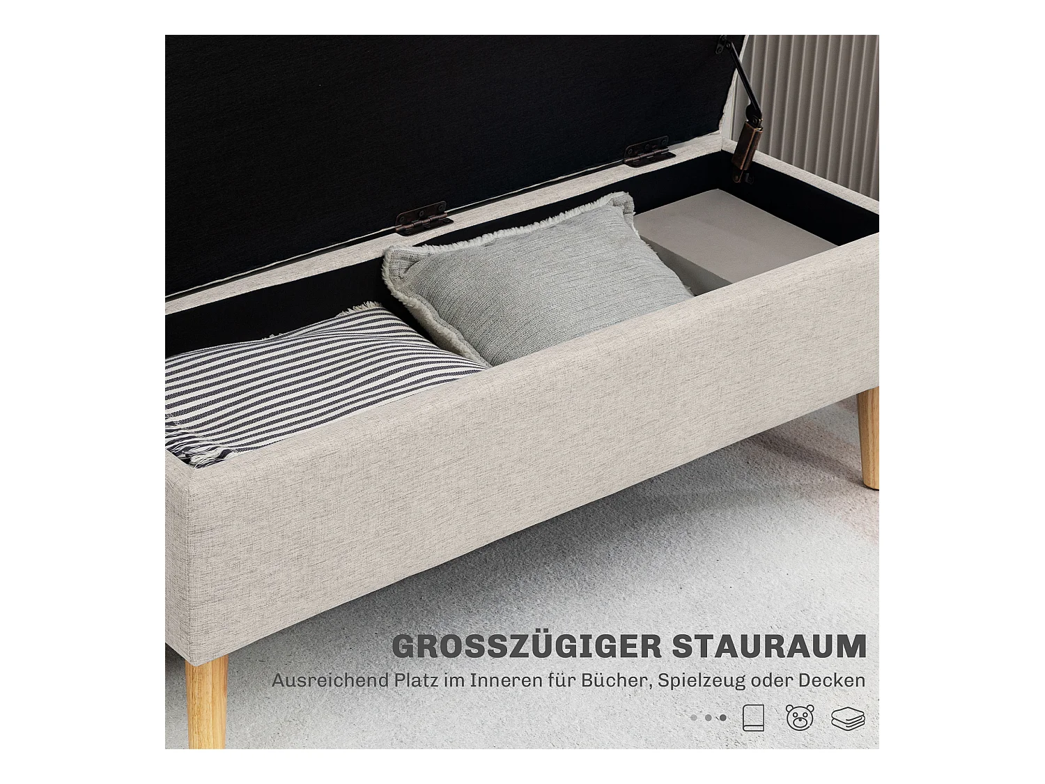 Banc de rangement avec assise rembourrée, design scandinave, polyester, beige (110x39x45cm)