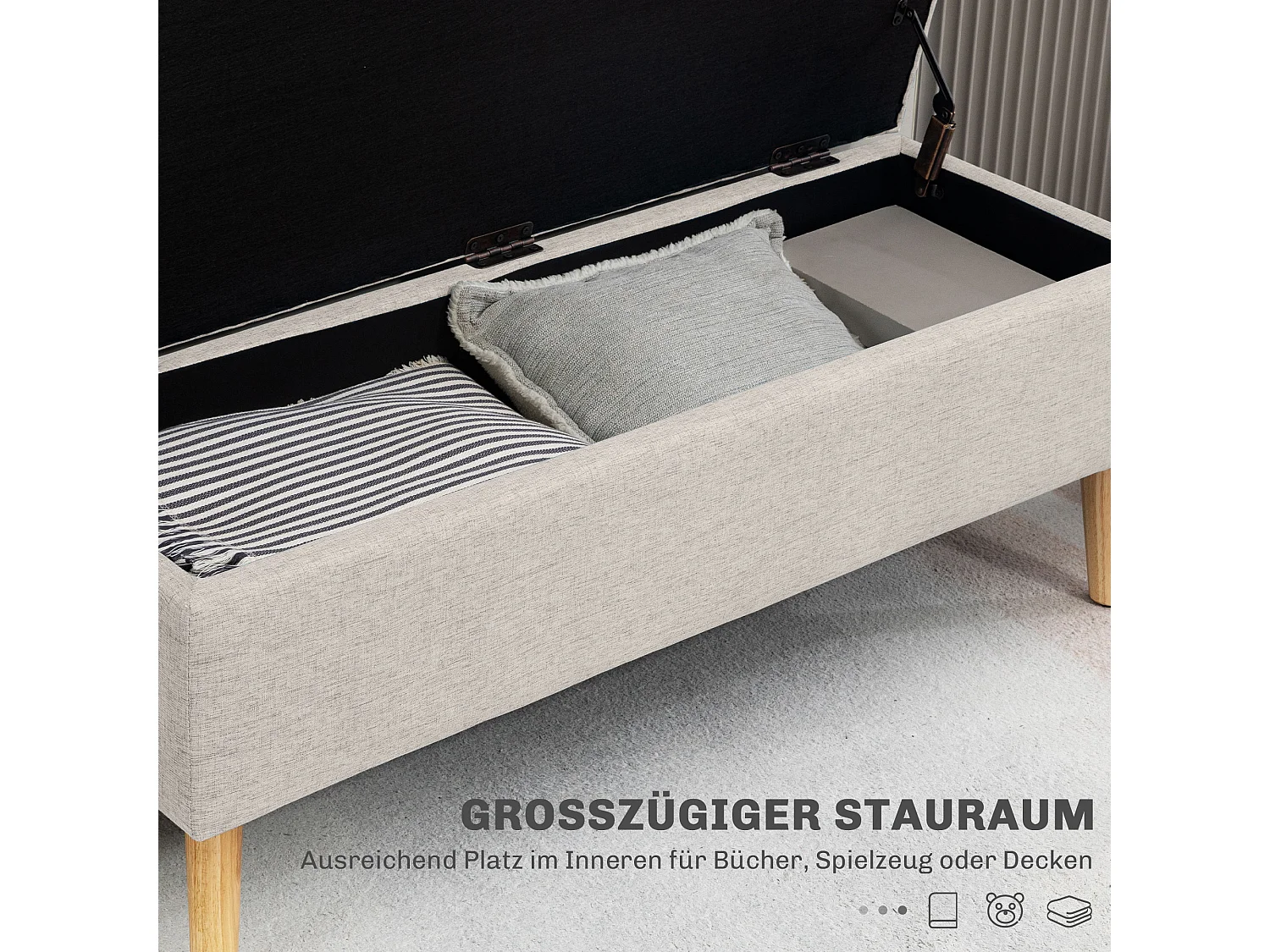 Banc de rangement avec assise rembourrée, design scandinave, polyester, beige (110x39x45cm)