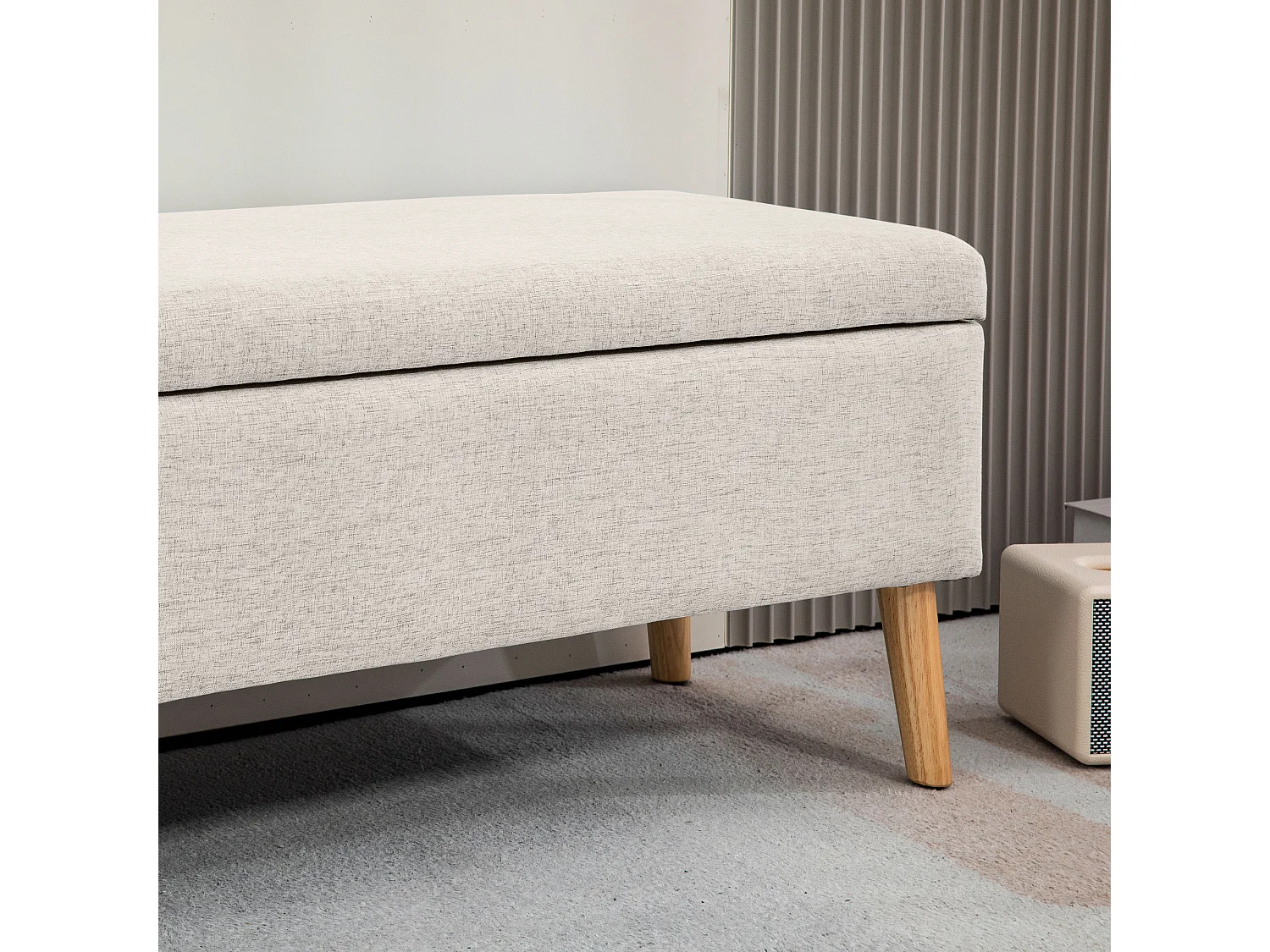 Banc de rangement avec assise rembourrée, design scandinave, polyester, beige (110x39x45cm)