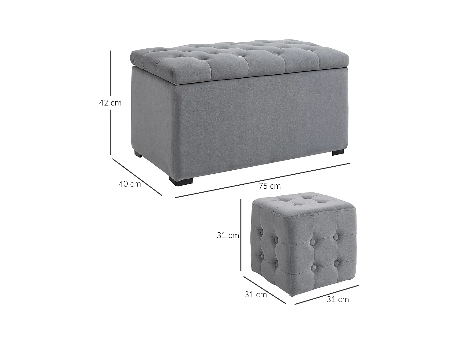 Banc de rangement pliable avec 2 tabourets, rembourré en mousse, gris foncé (75x40x42cm)