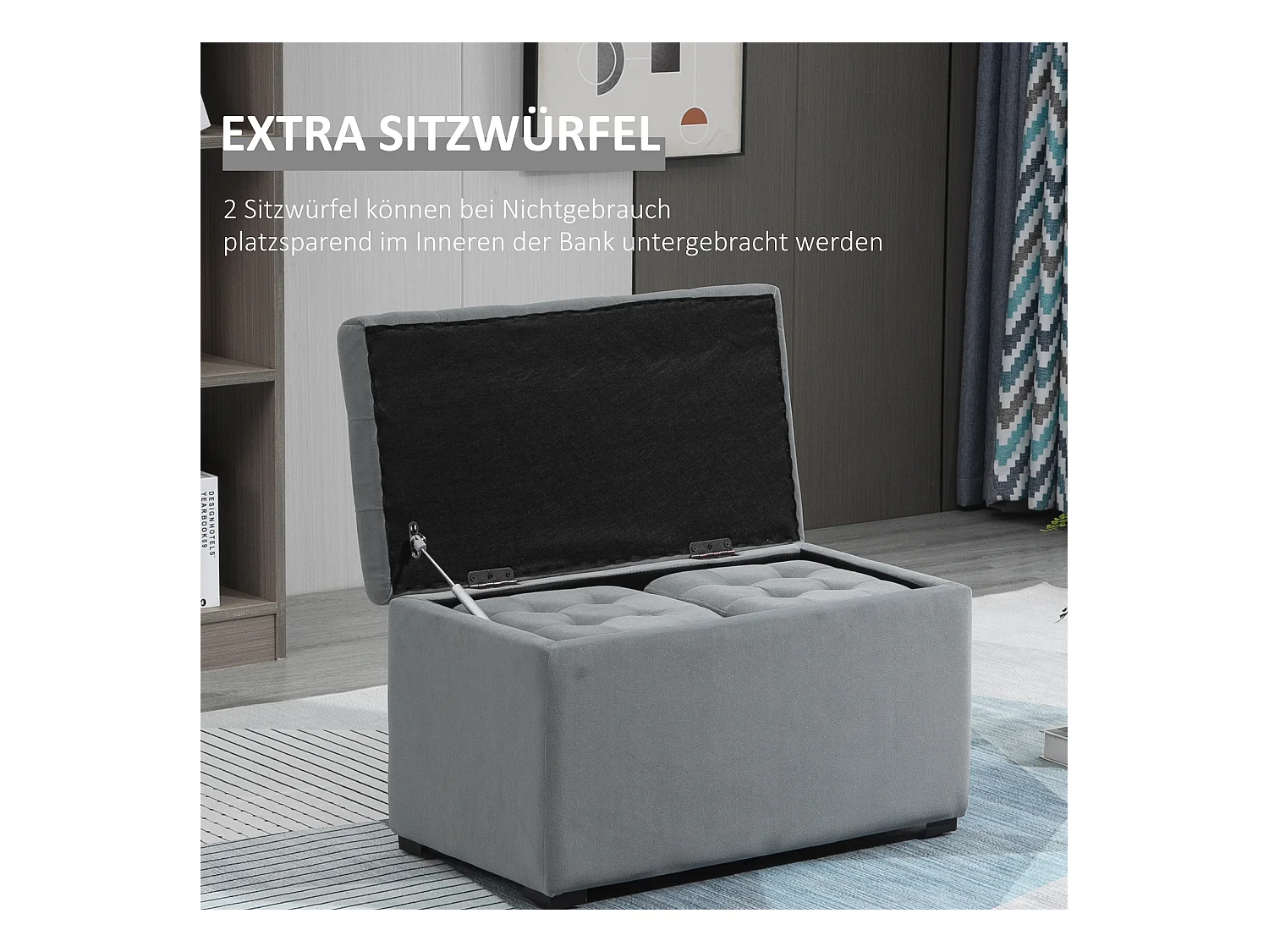 Banc de rangement pliable avec 2 tabourets, rembourré en mousse, gris foncé (75x40x42cm)