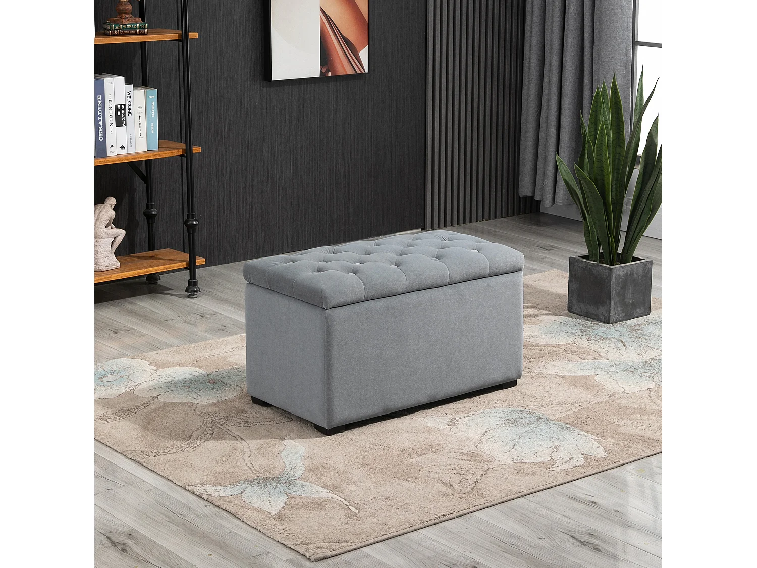 Banc de rangement pliable avec 2 tabourets, rembourré en mousse, gris foncé (75x40x42cm)