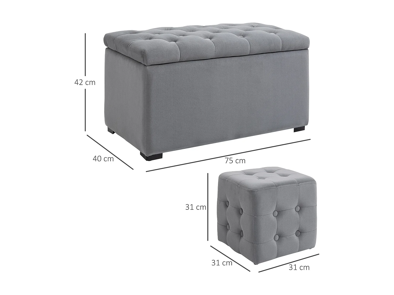 Banc de rangement pliable avec 2 tabourets, rembourré en mousse, gris foncé (75x40x42cm)