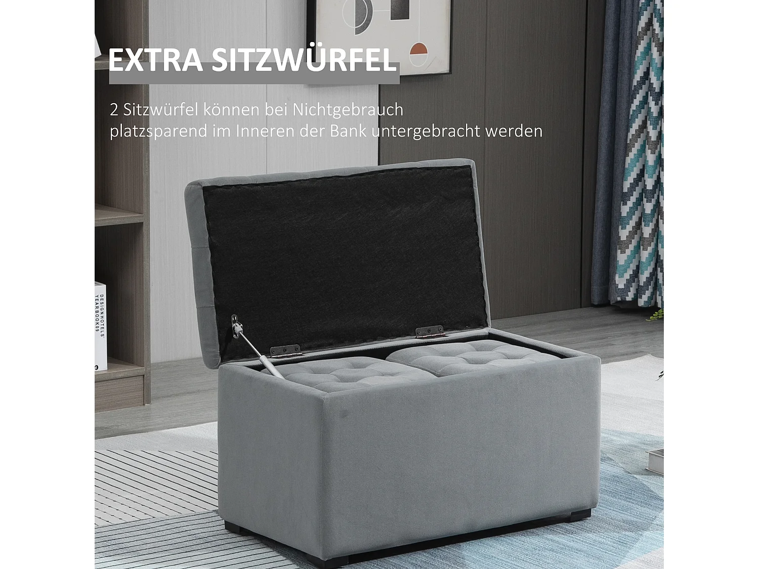 Banc de rangement pliable avec 2 tabourets, rembourré en mousse, gris foncé (75x40x42cm)