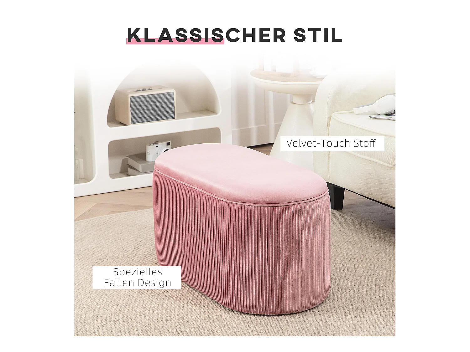 Fluwelen zitbank met opbergruimte, elegante Franse stijl, polyester, roze (81x40x41cm)