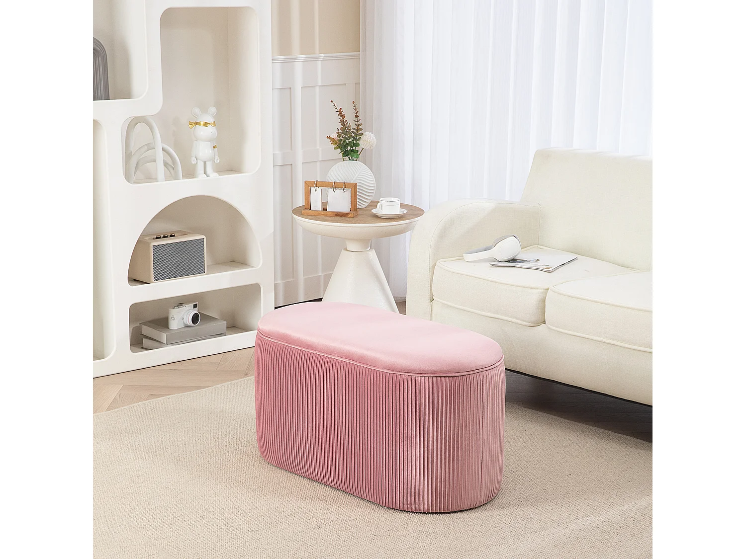 Banc de siège en velours avec rangement, style français élégant, polyester, rose (81x40x41cm)