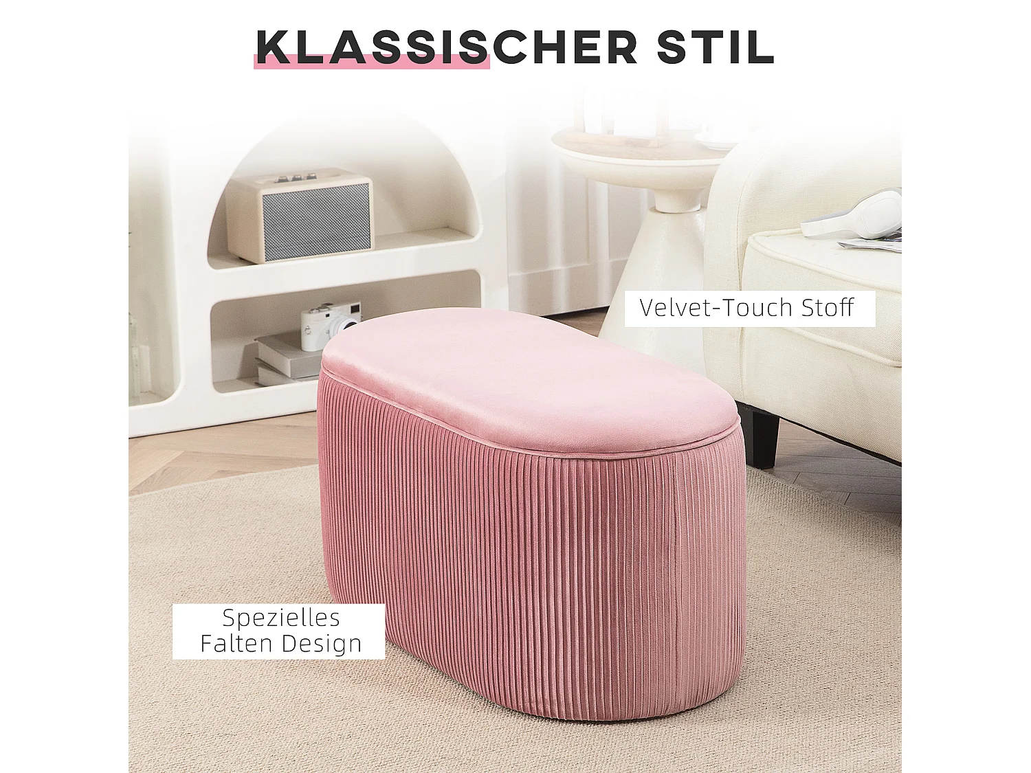 Banc de siège en velours avec rangement, style français élégant, polyester, rose (81x40x41cm)