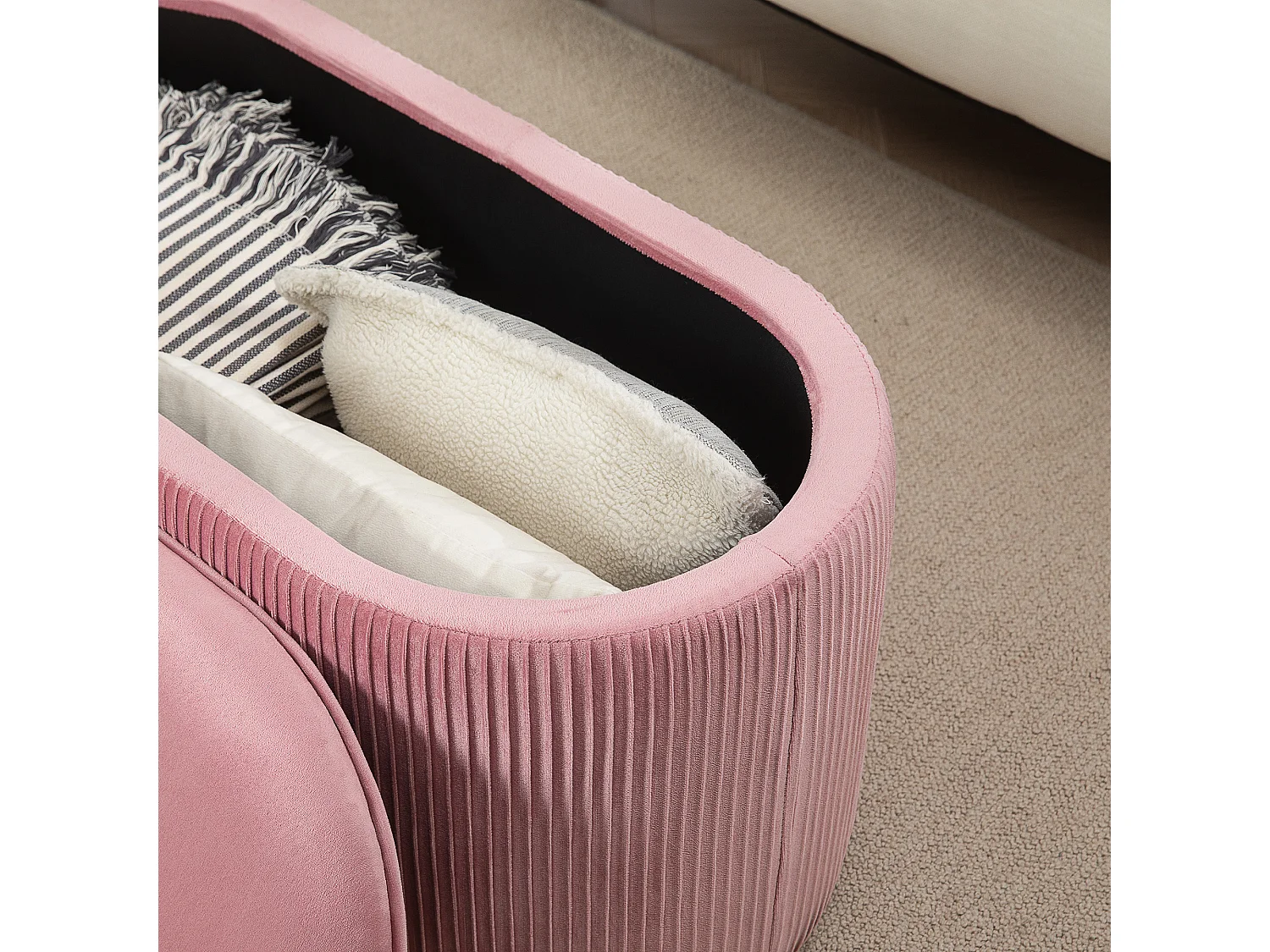 Banc de siège en velours avec rangement, style français élégant, polyester, rose (81x40x41cm)