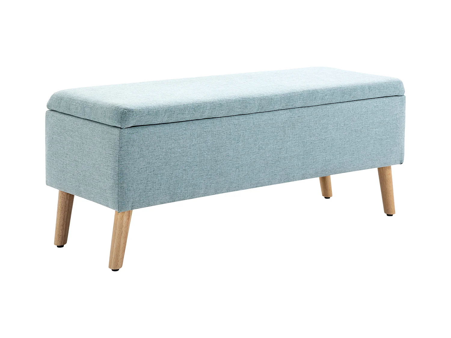 Banc de rangement vert clair, design scandinave, polyester et bois d'hévéa, avec assise rembourrée (110x39x45cm)
