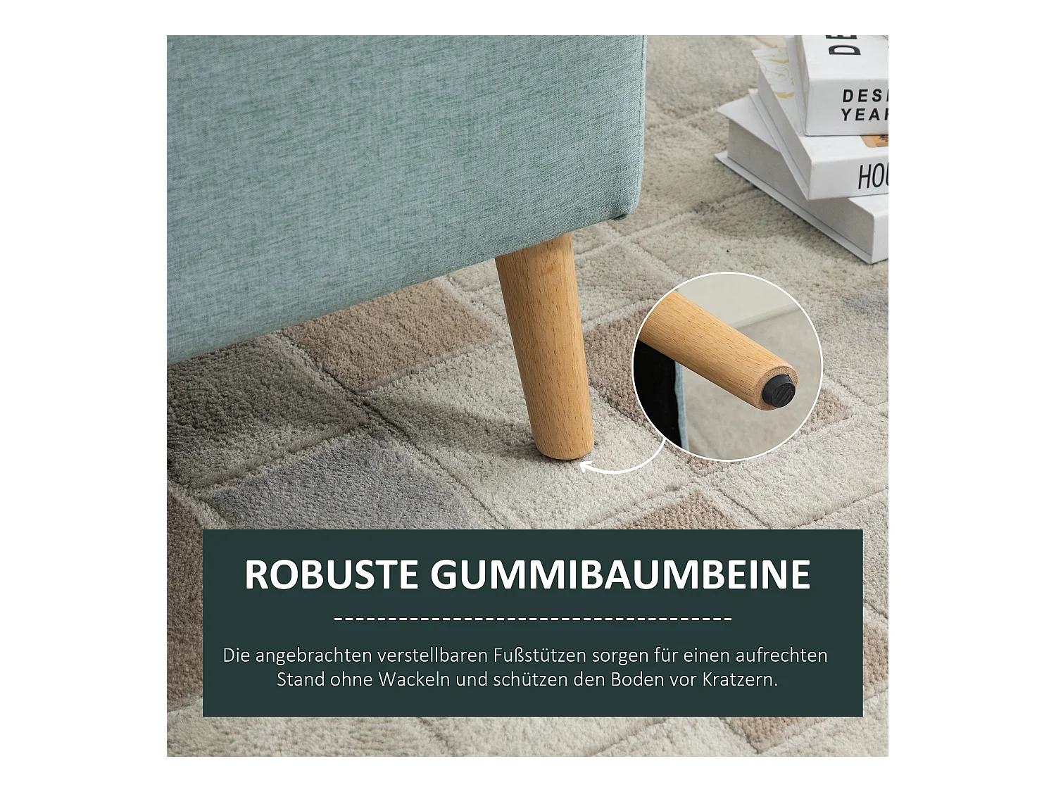 Banc de rangement vert clair, design scandinave, polyester et bois d'hévéa, avec assise rembourrée (110x39x45cm)