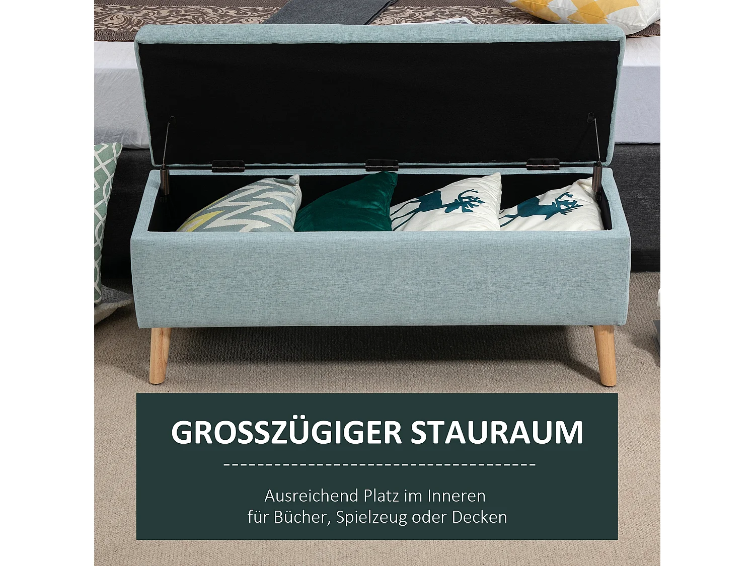 Banc de rangement vert clair, design scandinave, polyester et bois d'hévéa, avec assise rembourrée (110x39x45cm)