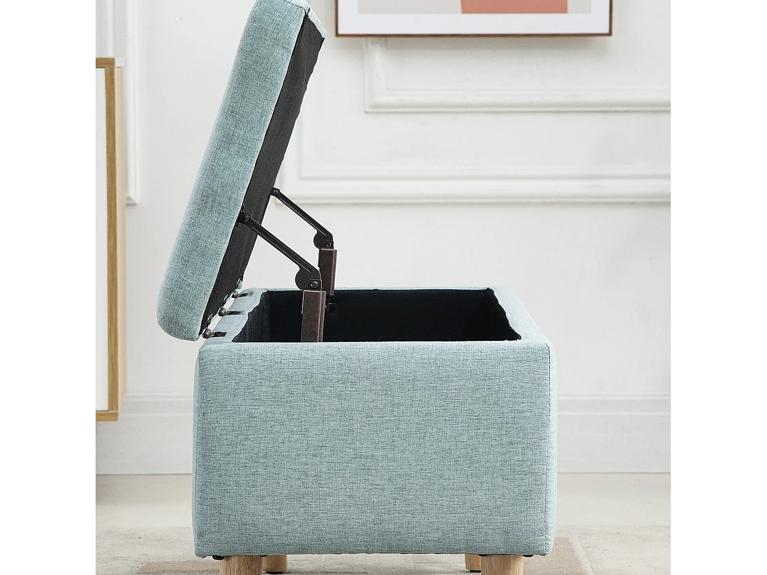 Banc de rangement vert clair, design scandinave, polyester et bois d'hévéa, avec assise rembourrée (110x39x45cm)