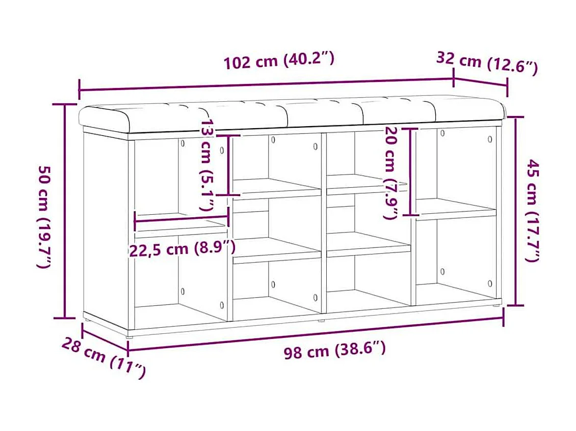 Banc à chaussures chêne artisanal 102x32x50cm bois d'ingénierie