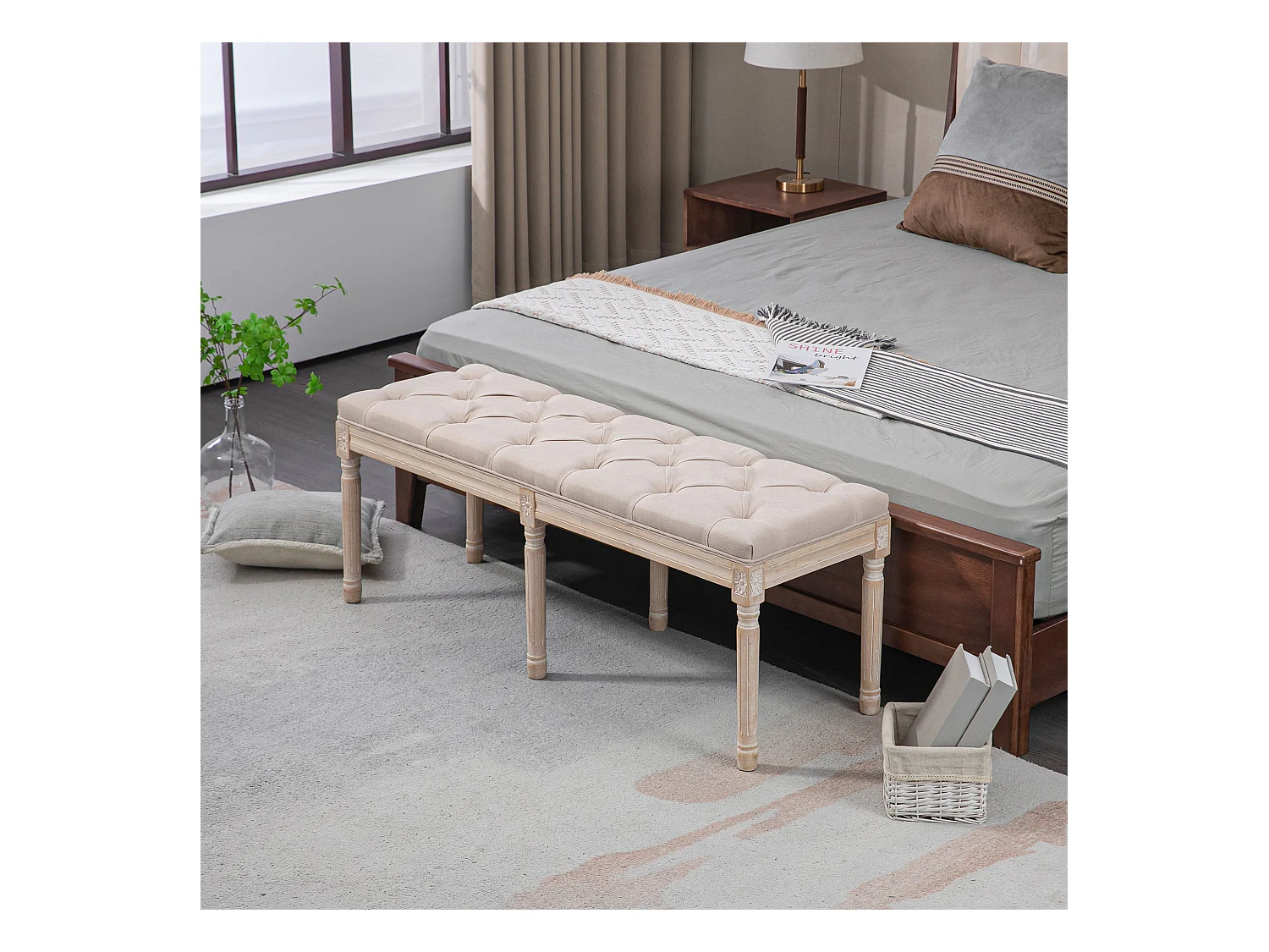 Banco vintage con botones, diseño francés, poliéster, beige (117x40x48cm)