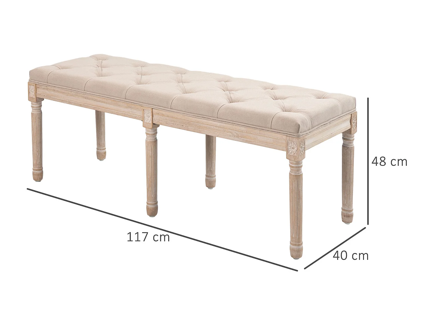 Panca vintage con bottoni, design francese, poliestere, beige (117x40x48cm)