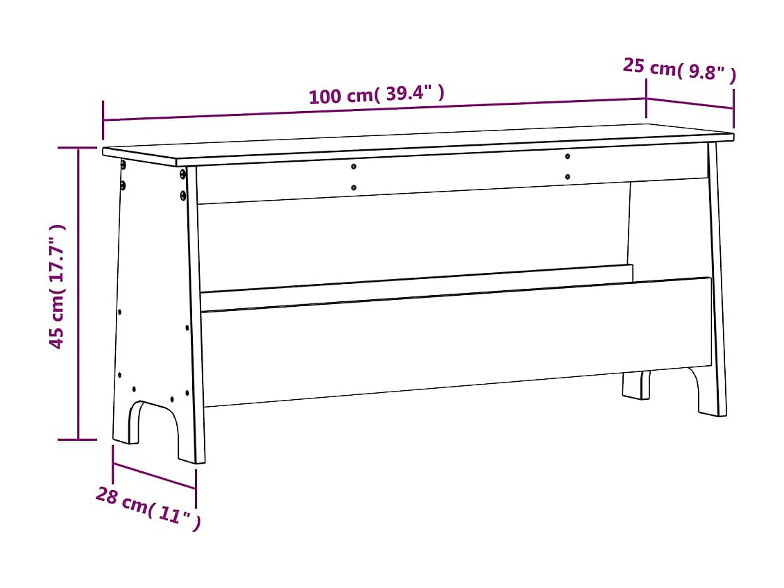Banc d'entrée blanc 100x28x45 cm bois de pin massif