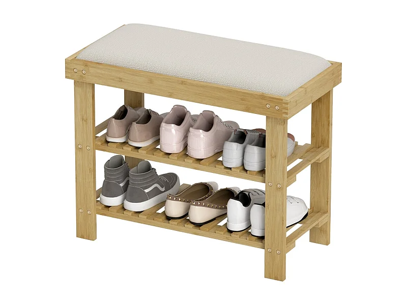 Banc d'entrée avec rangement pour chaussures, design élégant, bambou, blanc crème (60x29x49 cm)