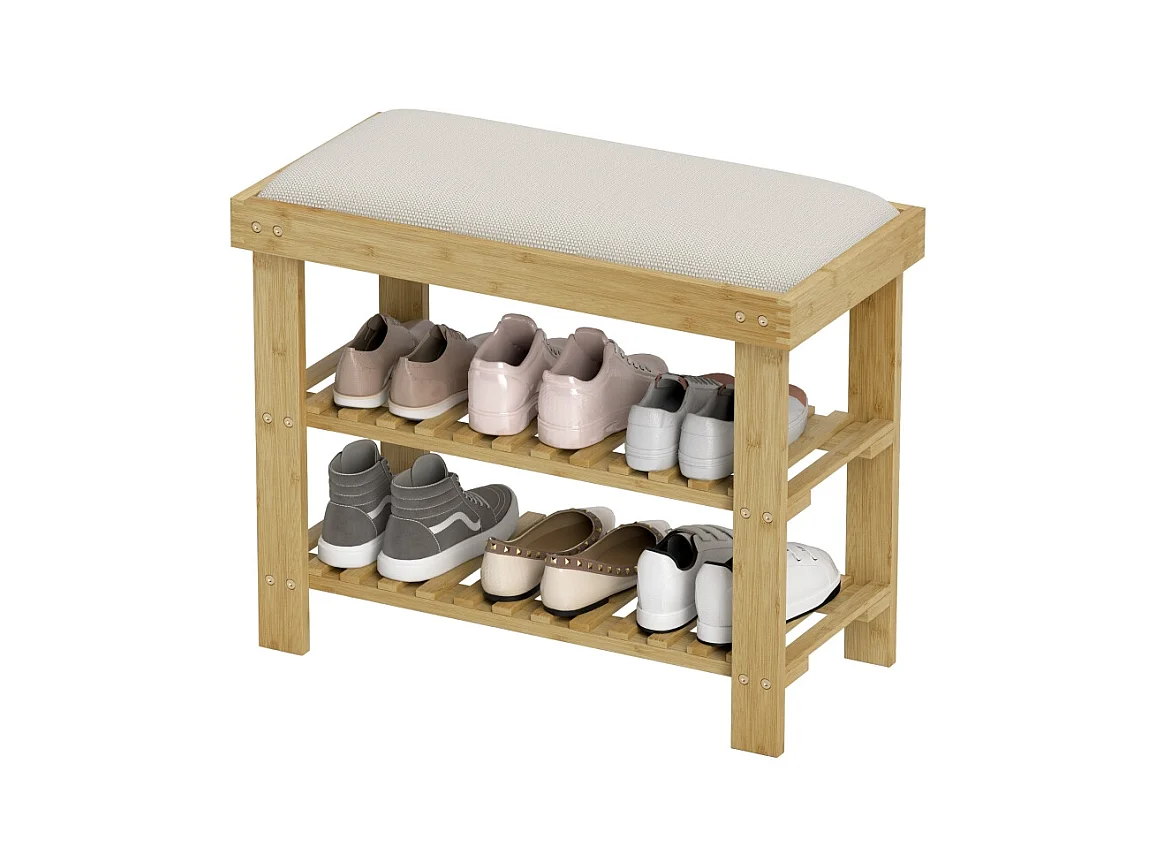 Banc d'entrée avec rangement pour chaussures, design élégant, bambou, blanc crème (60x29x49 cm)