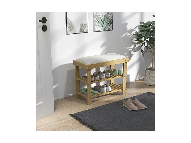 Banc d'entrée avec rangement pour chaussures, design élégant, bambou, blanc crème (60x29x49 cm)