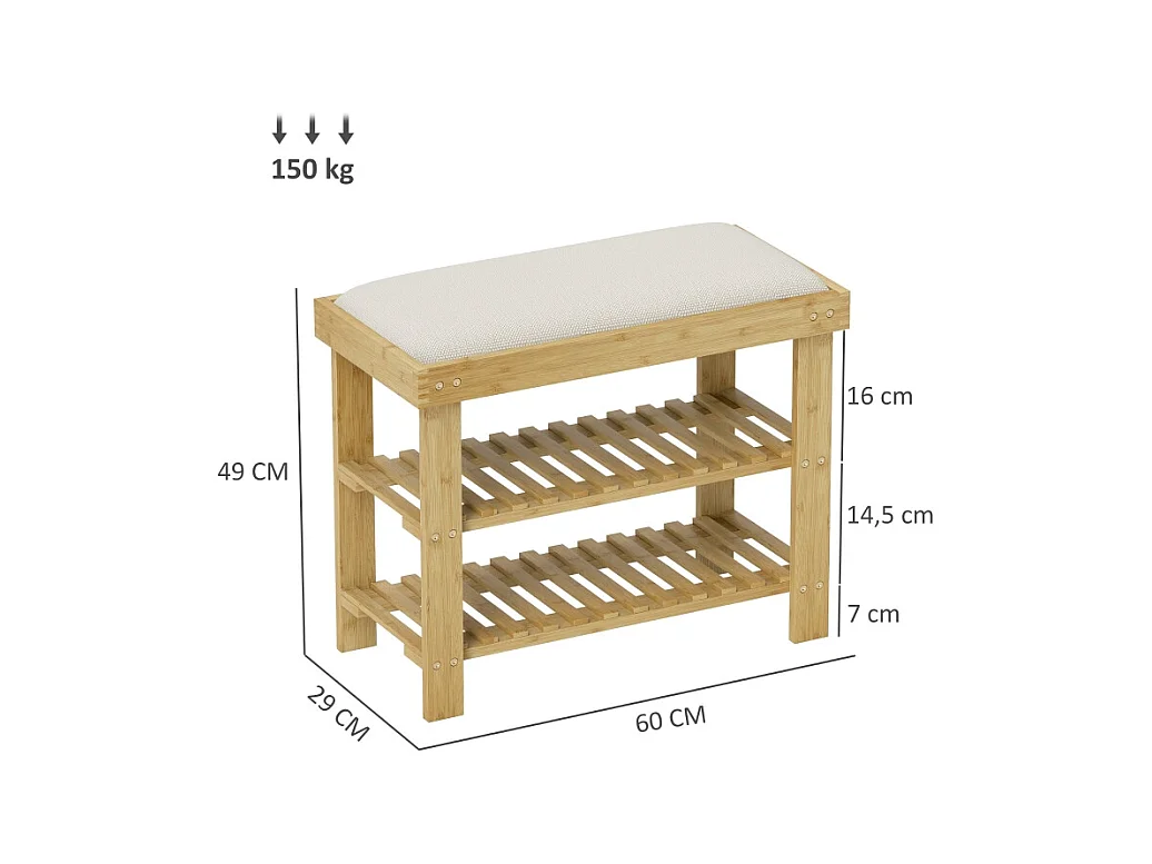 Banc d'entrée avec rangement pour chaussures, design élégant, bambou, blanc crème (60x29x49 cm)
