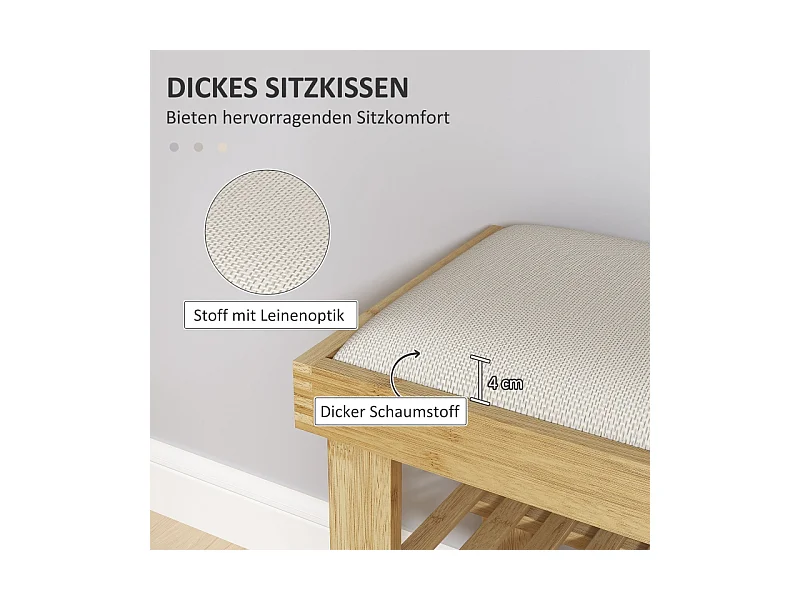 Banc d'entrée avec rangement pour chaussures, design élégant, bambou, blanc crème (60x29x49 cm)