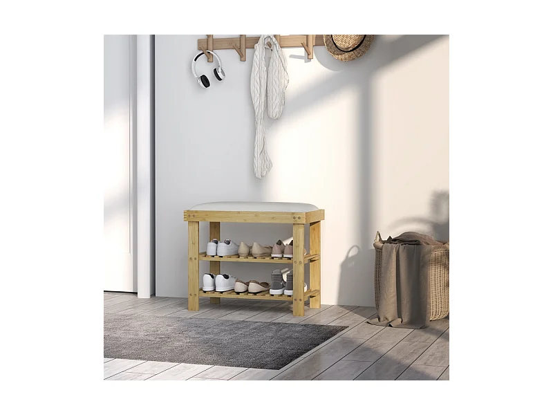 Banc d'entrée avec rangement pour chaussures, design élégant, bambou, blanc crème (60x29x49 cm)